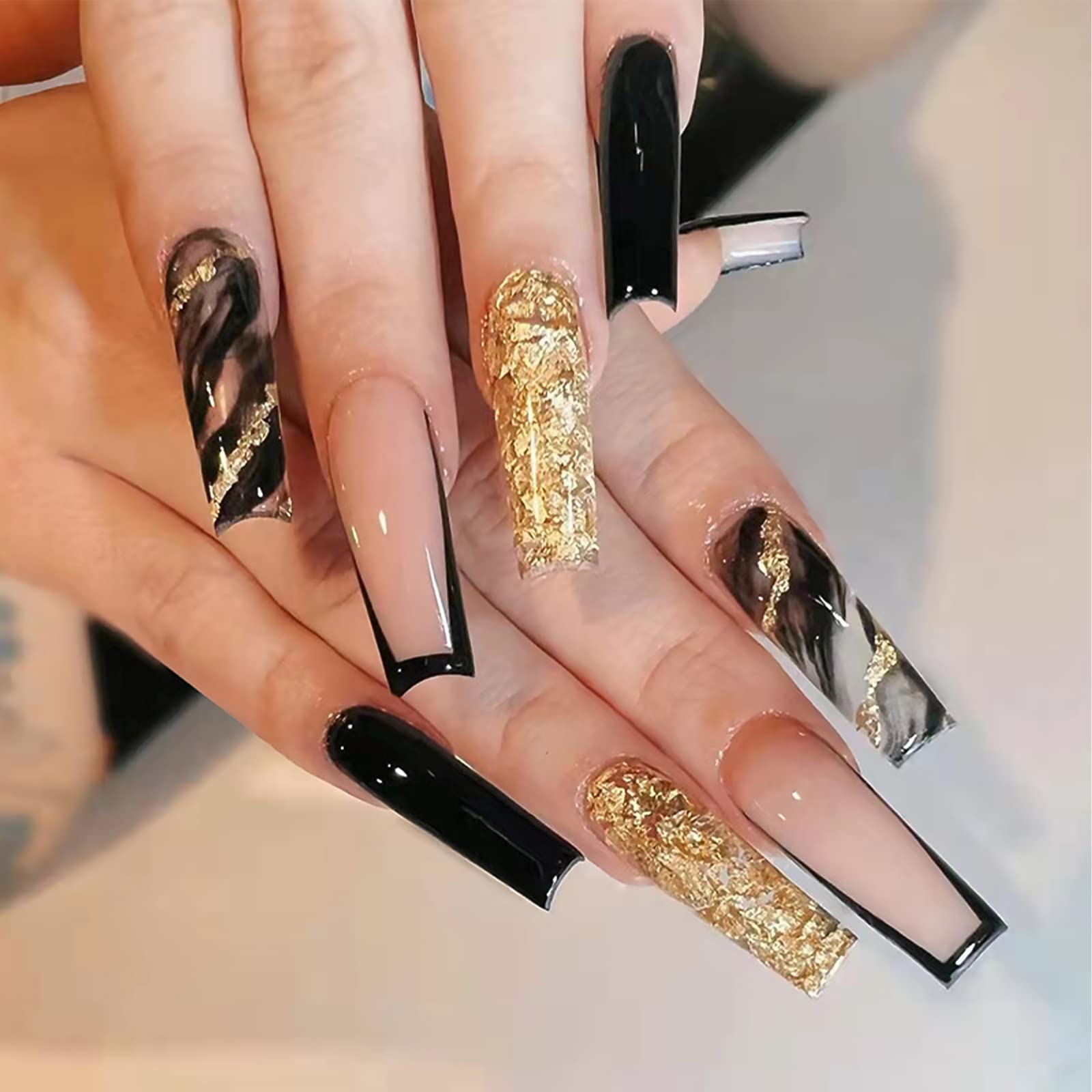 Extra Long Coffin Nails With Black Gold Marble Extra Long Coffin Nails With Black Gold Marble — Long Acrylic Nails