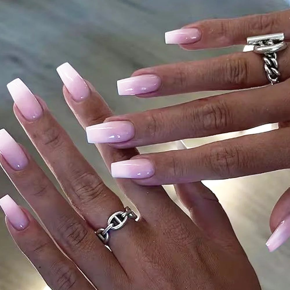 Medium Squoval Nails With Pink Nude Ombre Medium Squoval Nails With Pink Nude Ombre — Long Acrylic Nails