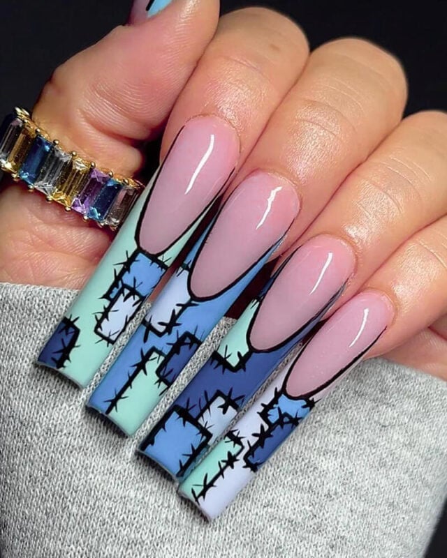 Extra Long Ballerina Nails With Stitch Pattern Extra Long Ballerina Nails With Stitch Pattern — Long Acrylic Nails