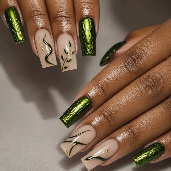 Nude Square Nails With Metallic Green Accents Nude Square Nails With Metallic Green Accents — Long Acrylic Nails