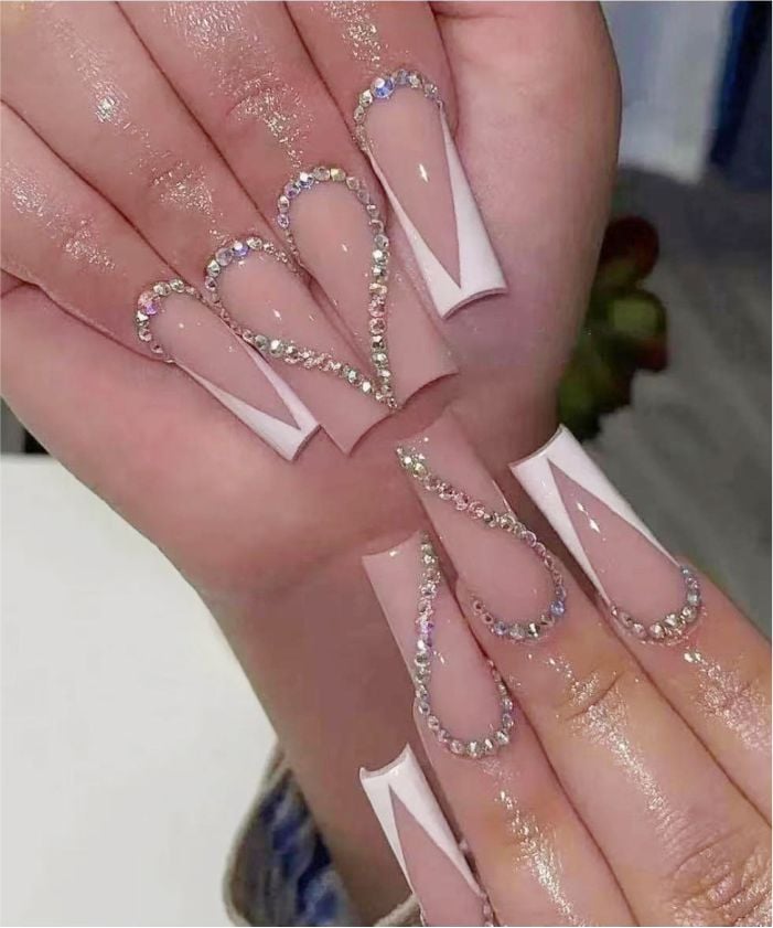 Sheer Pink Coffin Nails With Full Rhinestone Borders Sheer Pink Coffin Nails With Full Rhinestone Borders — Long Acrylic Nails
