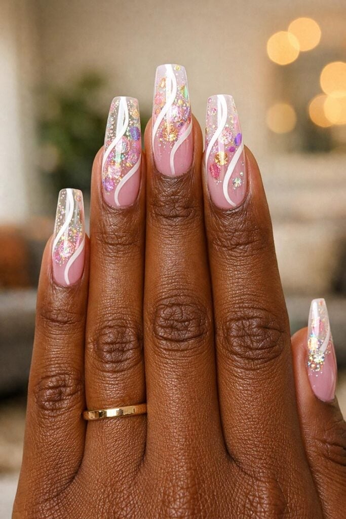 Sheer Pink Coffin Nails With Iridescent Glitter Swirls Sheer Pink Coffin Nails With Iridescent Glitter Swirls — Long Acrylic Nails