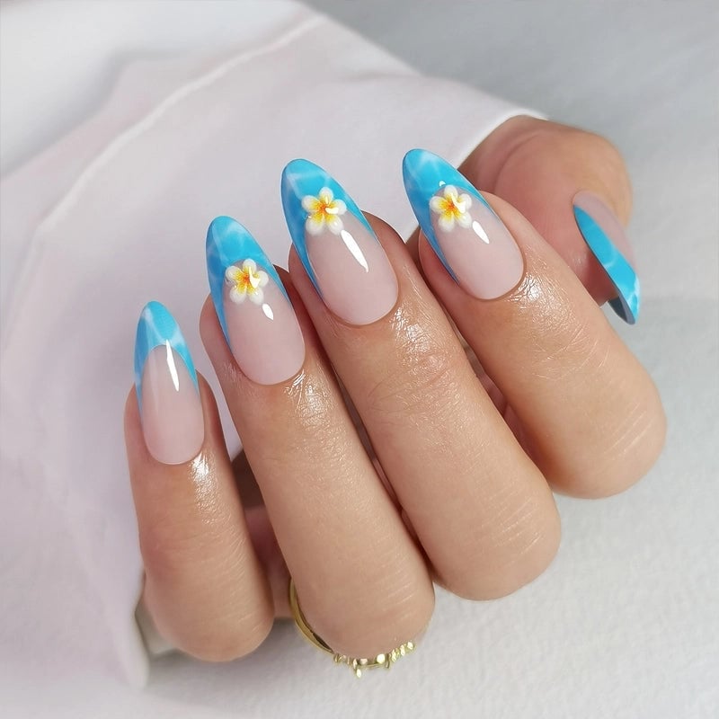Nude Tie-Dye French Tip 3D Flower Almond Nails Nude Tie-Dye French Tip 3D Flower Almond Nails — Long Almond Nails