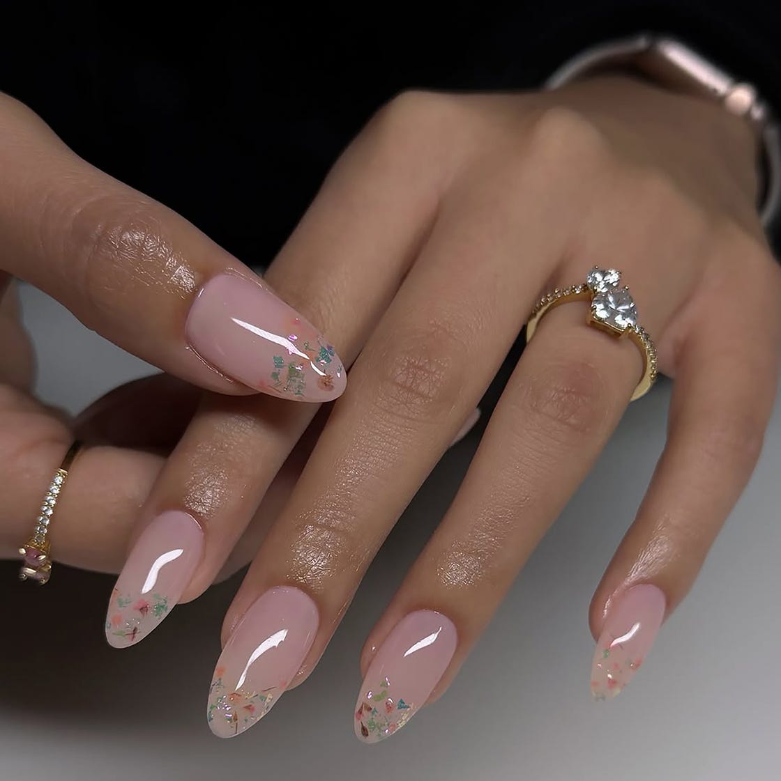 Sheer Pink Floral Green Gold Accent Almond Nails Sheer Pink Floral Green Gold Accent Almond Nails — Long Almond Nails
