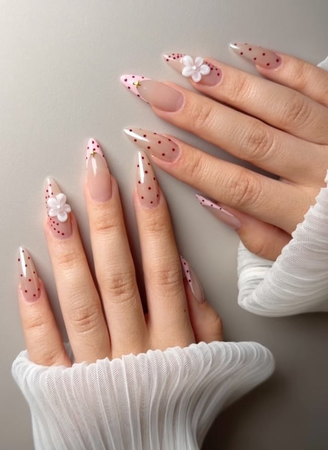 Nude Polka Dot 3D Flower Almond Nails Nude Polka Dot 3D Flower Almond Nails — Long Almond Nails
