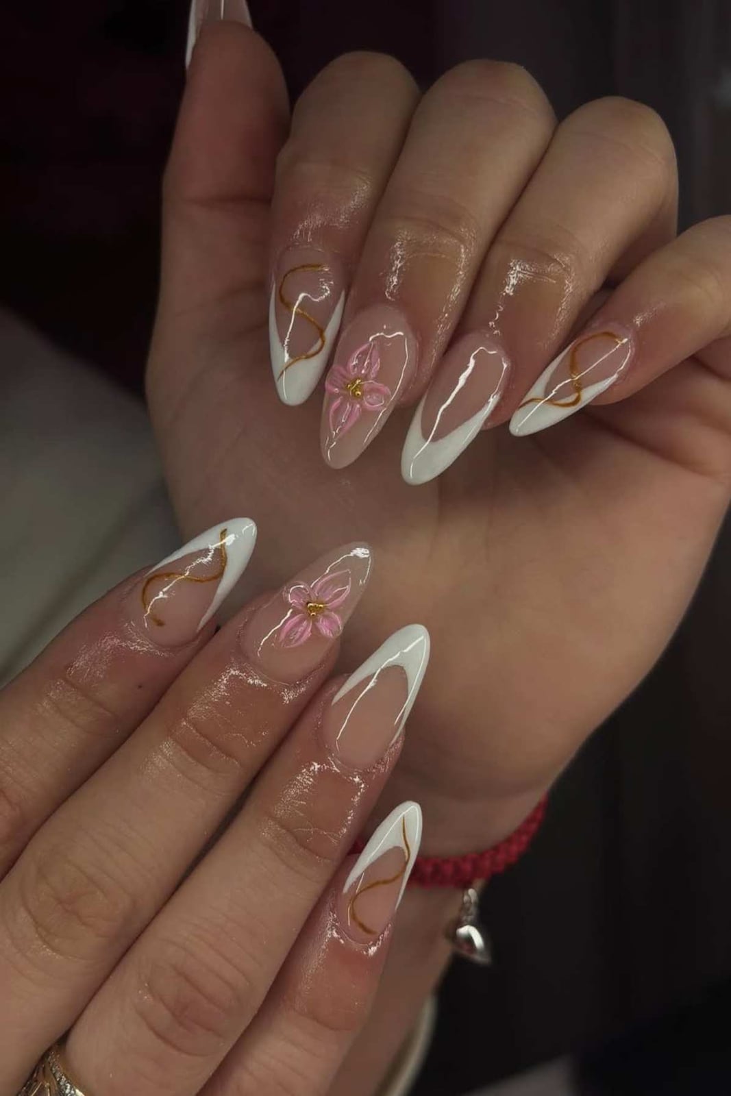 Nude White Gold Swirl 3D Flower Almond Nails Nude White Gold Swirl 3D Flower Almond Nails — Long Almond Nails