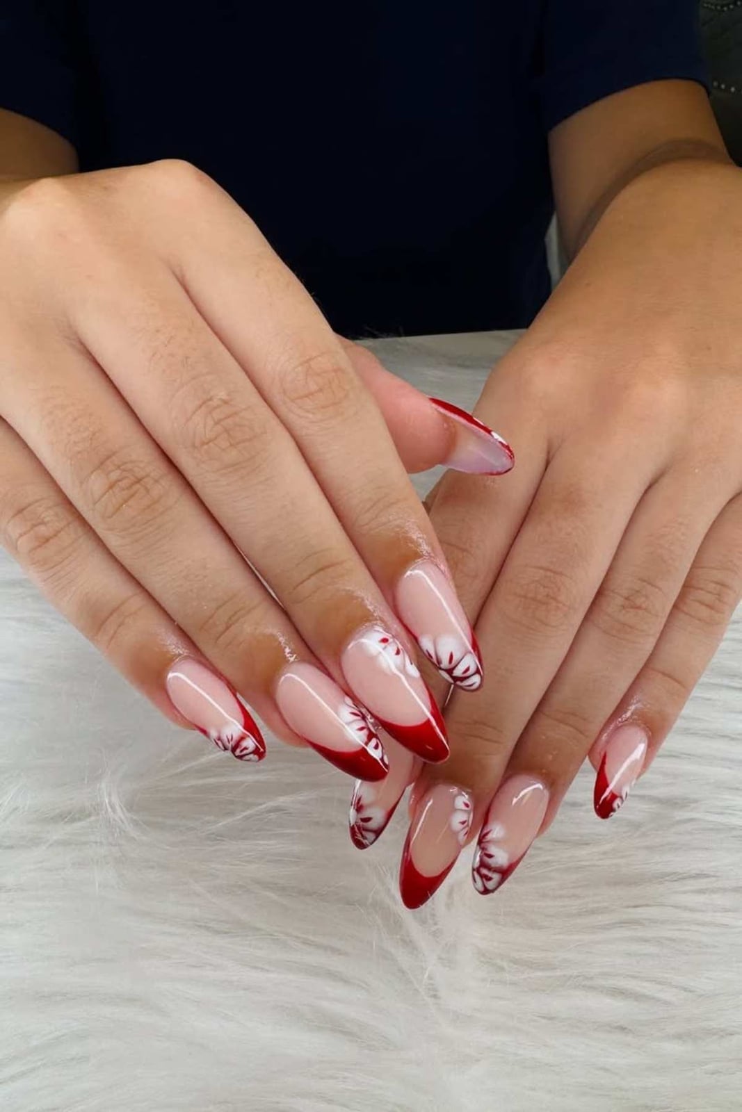 Nude Red Floral French Tip Almond Nails Nude Red Floral French Tip Almond Nails — Long Almond Nails