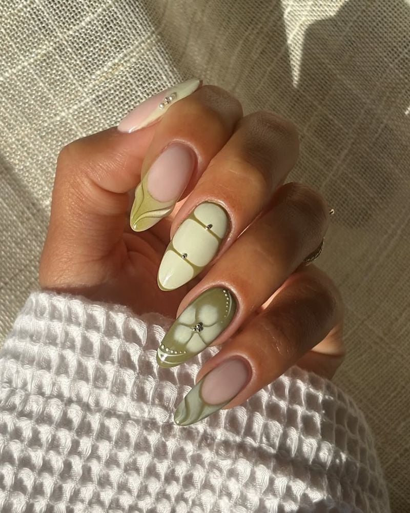 Nude Abstract Olive Green Floral Rhinestone Almond Nails Nude Abstract Olive Green Floral Rhinestone Almond Nails — Long Almond Nails