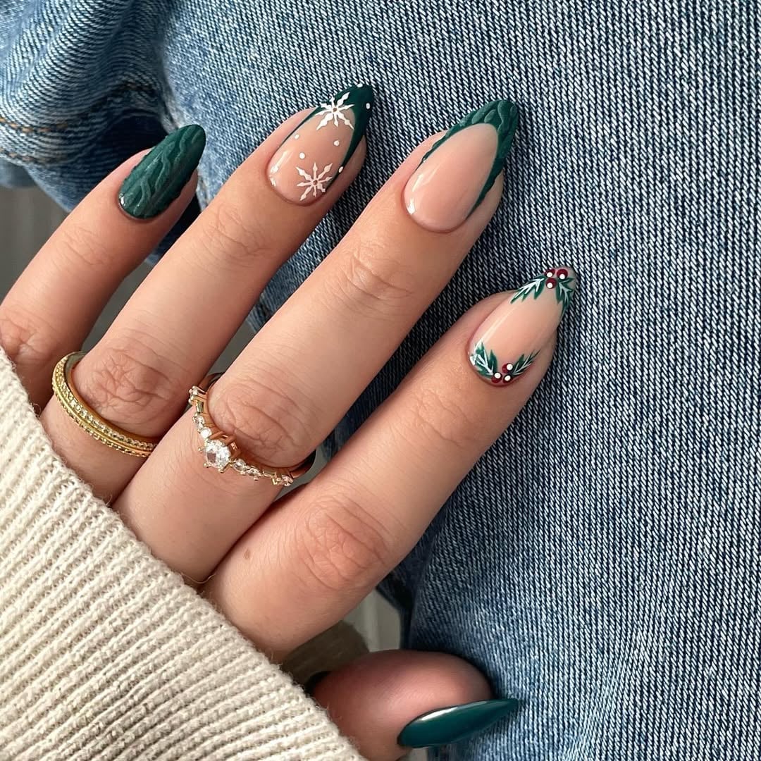 Nude Green Snowflake French Tip Almond Nails Nude Green Snowflake French Tip Almond Nails — Long Almond Nails