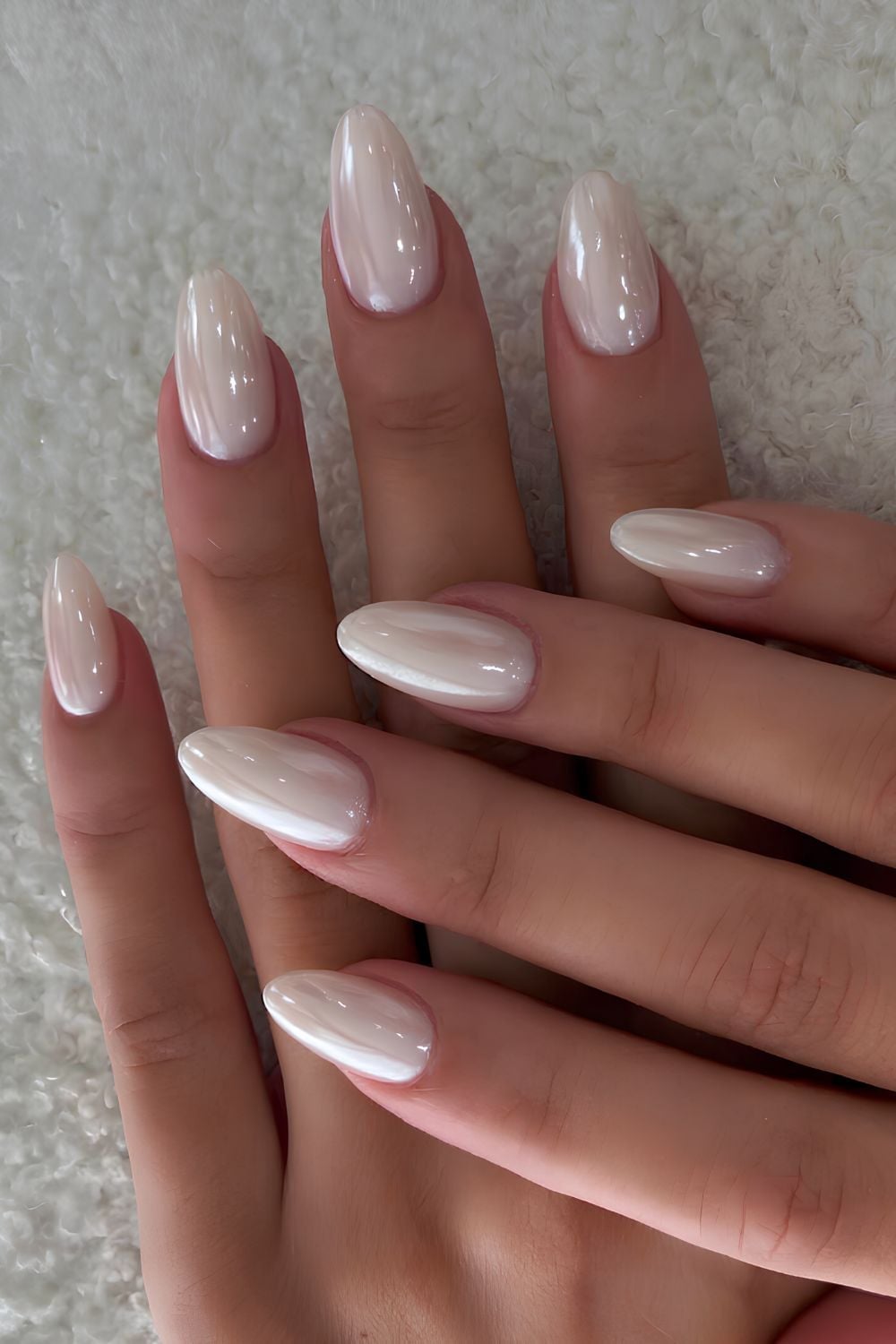 Milky White Shimmer French Tip Almond Nails Milky White Shimmer French Tip Almond Nails — Long Almond Nails