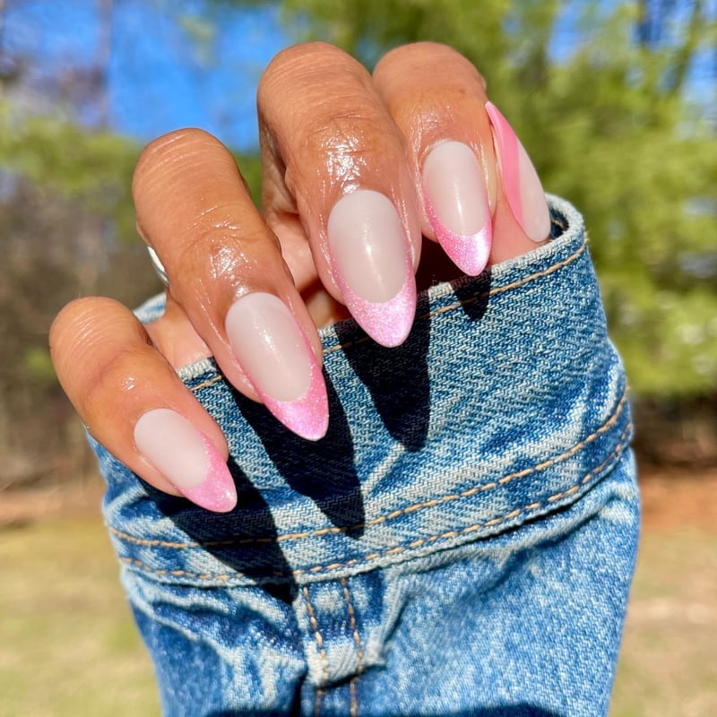 Sheer Pink Velvet Glossy French Almond Nails Sheer Pink Velvet Glossy French Almond Nails — Long Almond Nails