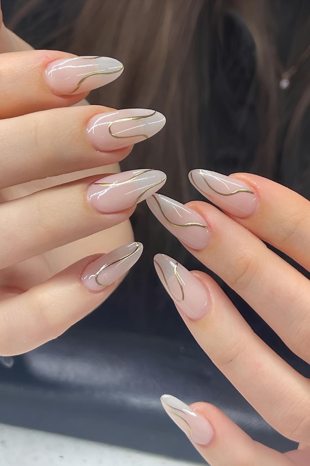 Sheer Nude Gold Line Swirl Long Almond Nails Sheer Nude Gold Line Swirl Long Almond Nails