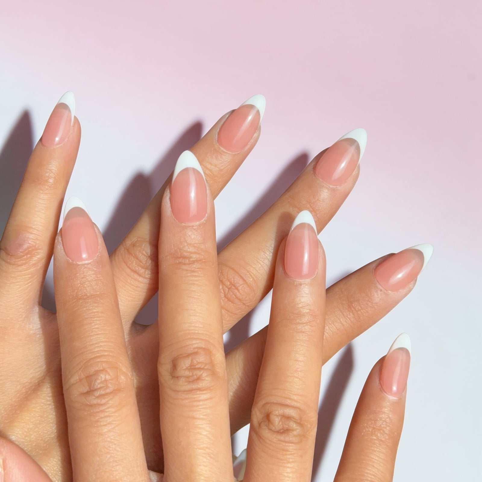 Nude Base Glossy French Almond Nails Nude Base Glossy French Almond Nails — Long Almond Nails