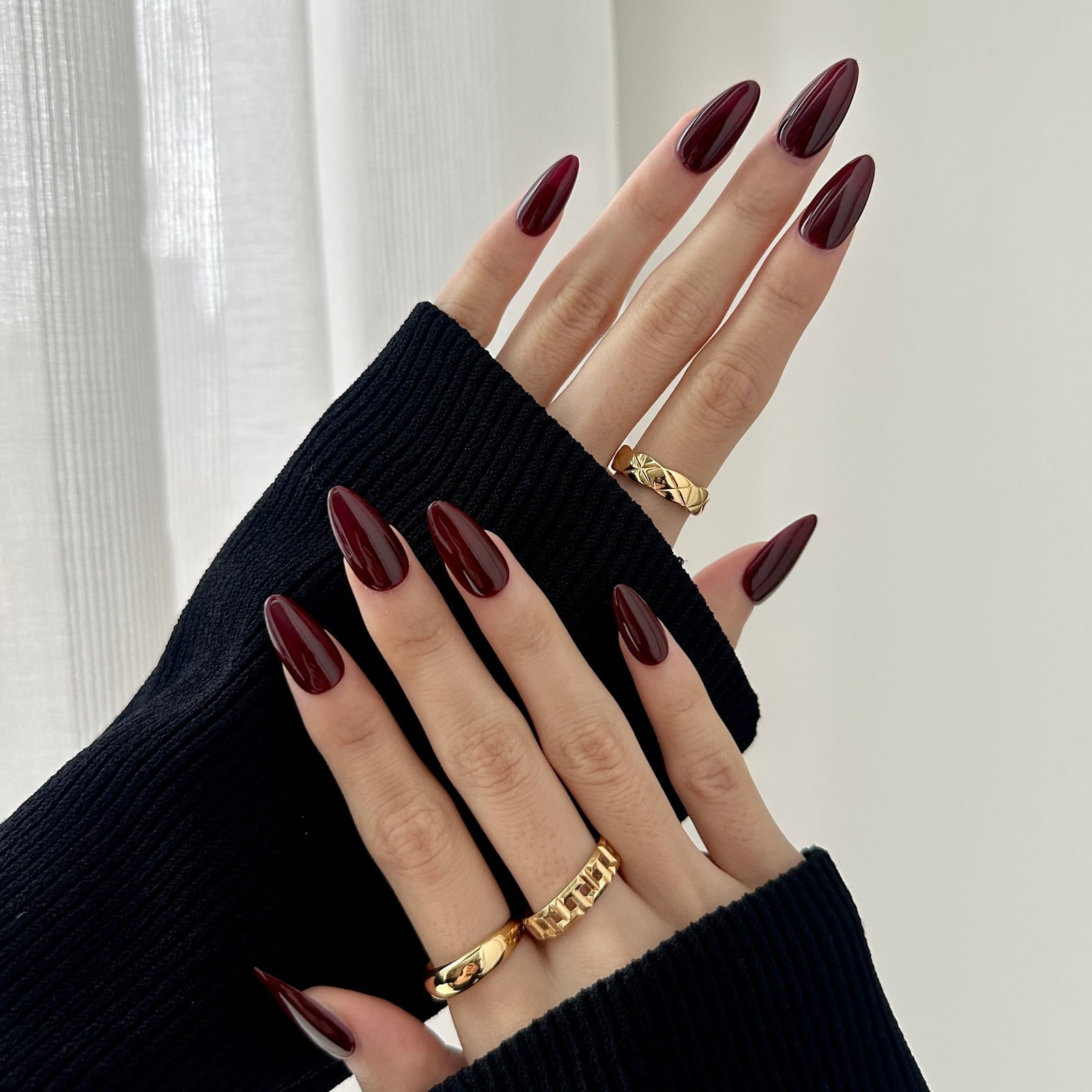 Deep Red Glossy Long Almond Nails Deep Red Glossy Long Almond Nails