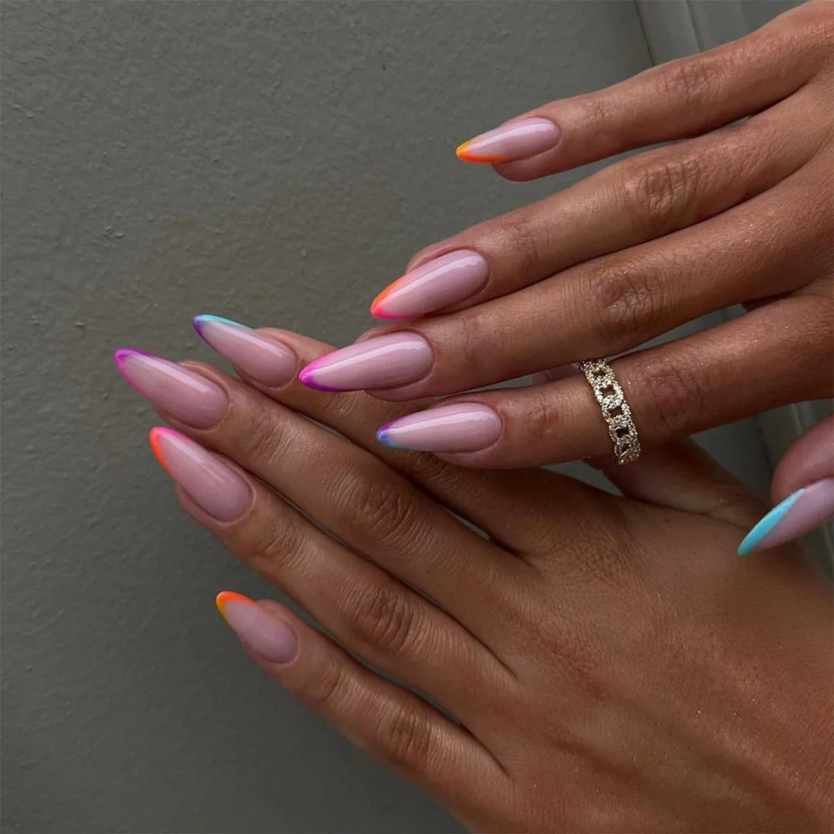Sheer Pink Neon French Tip Almond Nails, Glossy Sheer Pink Neon French Tip Almond Nails, Glossy — Long Almond Nails