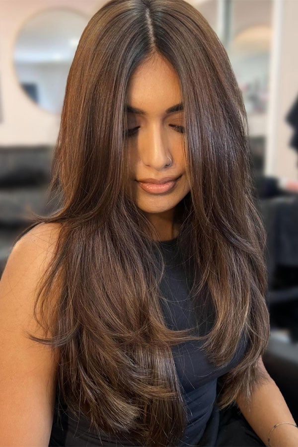 Rich Brown With Caramel Highlights And Layers Rich Brown With Caramel Highlights And Layers — Long Haircuts
