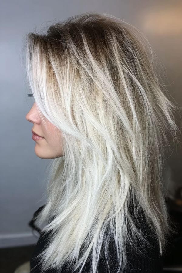 Platinum Blonde With Root Shadow And Choppy Layers Platinum Blonde With Root Shadow And Choppy Layers — Long Haircuts