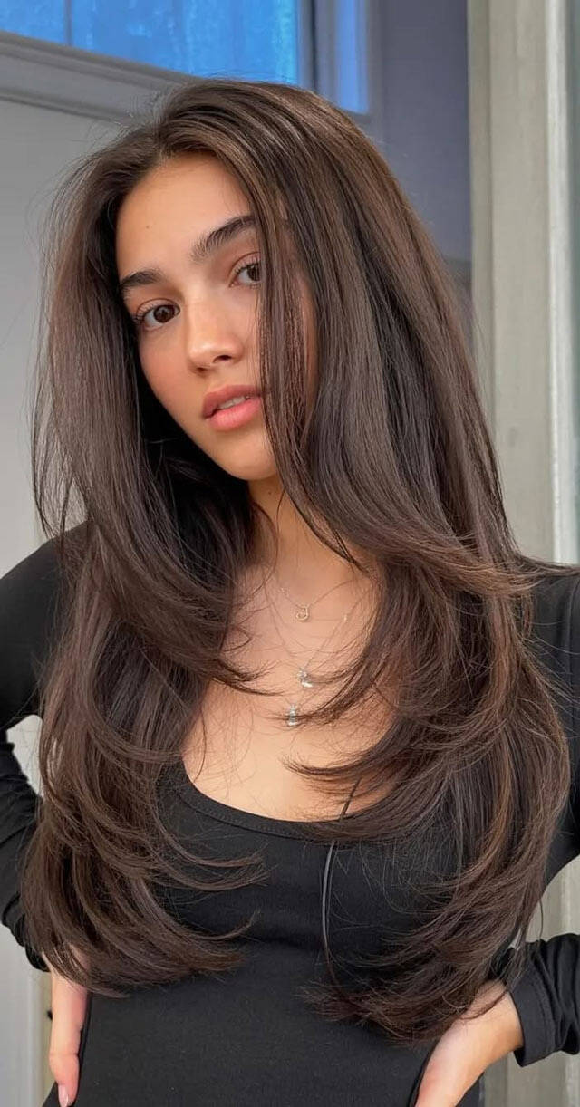 Dark Brown With Blonde Highlights And Blended Layers Dark Brown With Blonde Highlights And Blended Layers — Long Haircuts