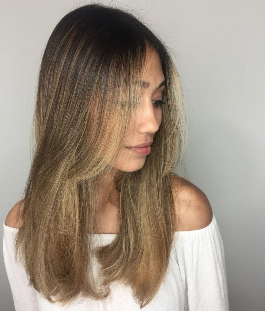 Mid-Back Dark Brown With Blonde Balayage Mid-Back Dark Brown With Blonde Balayage — Long Haircuts