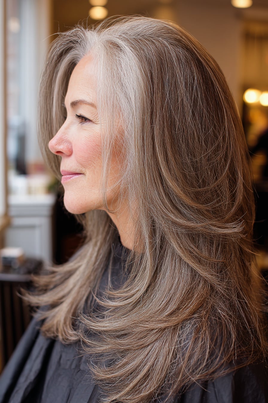 Fine Wavy Brown With Gray Streaks Fine Wavy Brown With Gray Streaks — Long Haircuts