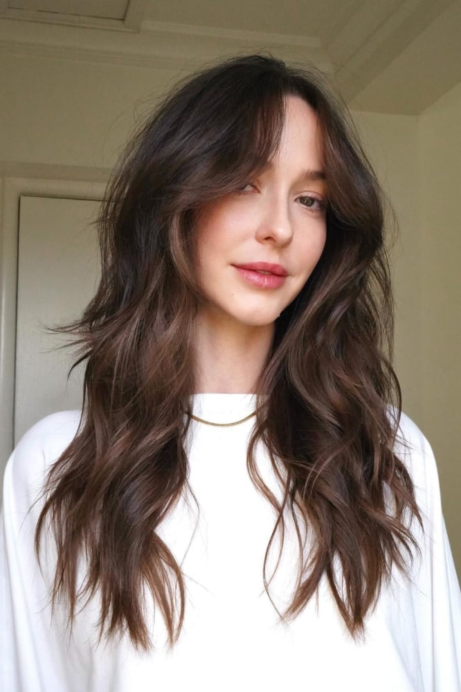 Dark Brown With Balayage And Wispy Bangs Dark Brown With Balayage And Wispy Bangs — Long Haircuts