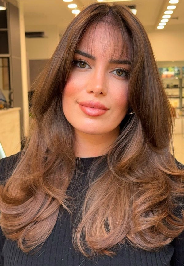 Mid-Back Layers With Face-Framing Pieces, Medium Brown With Highlights Mid-Back Layers With Face-Framing Pieces, Medium Brown With Highlights — Long Haircuts