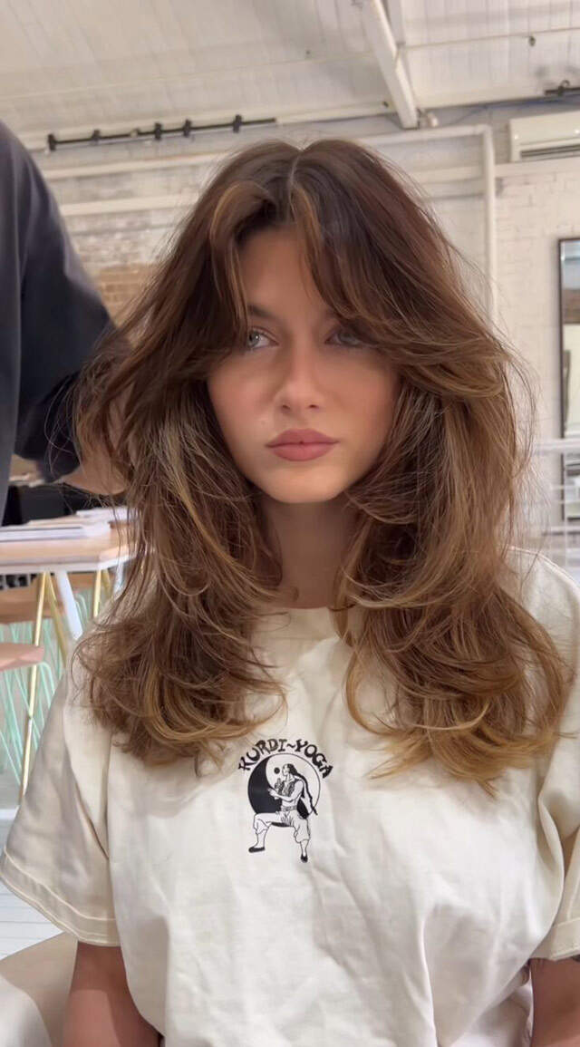 Dark Brown Base With Face-Framing Curtain Bangs Dark Brown Base With Face-Framing Curtain Bangs — Long Haircuts
