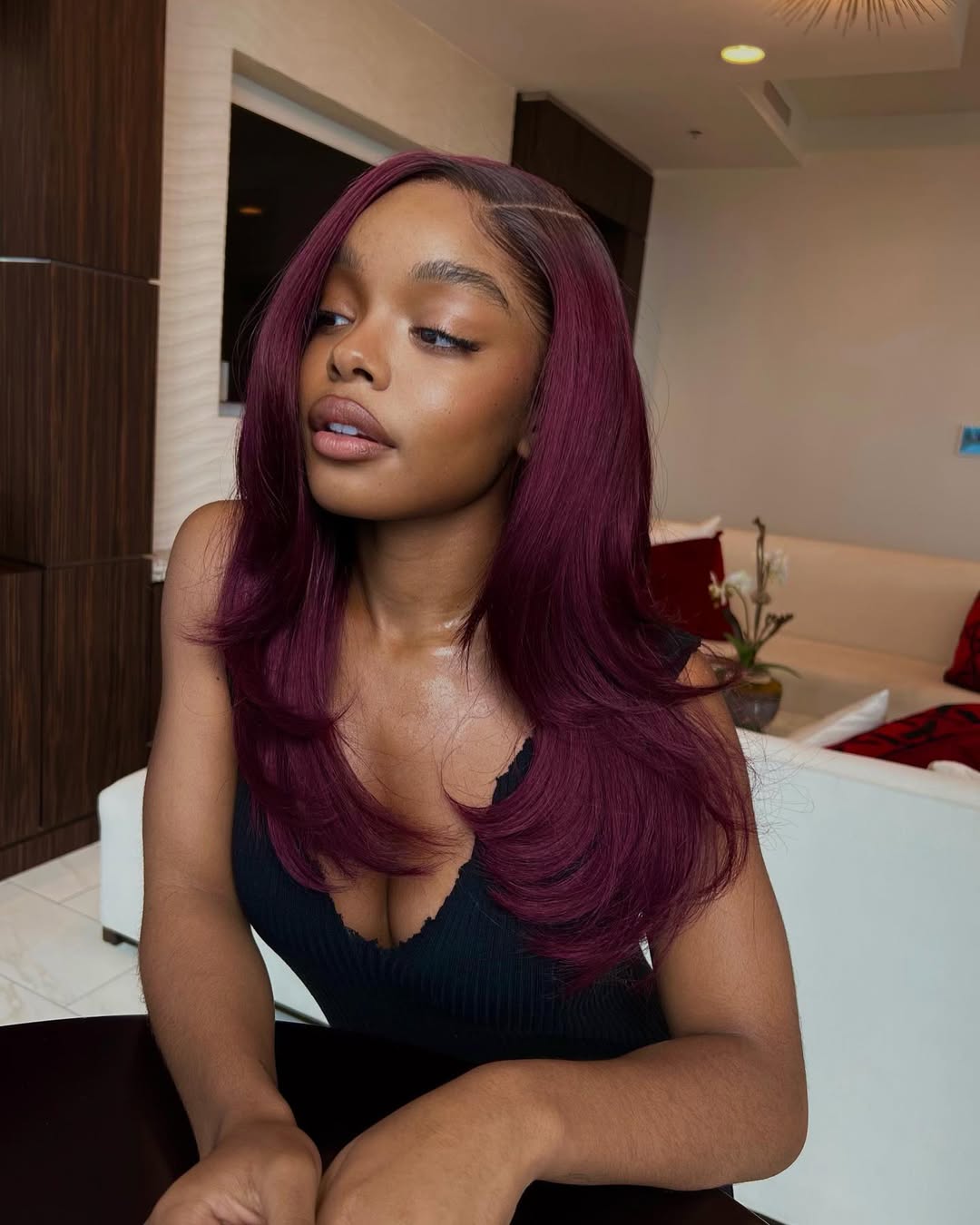 Deep Plum Long Layers With Side Part Deep Plum Long Layers With Side Part