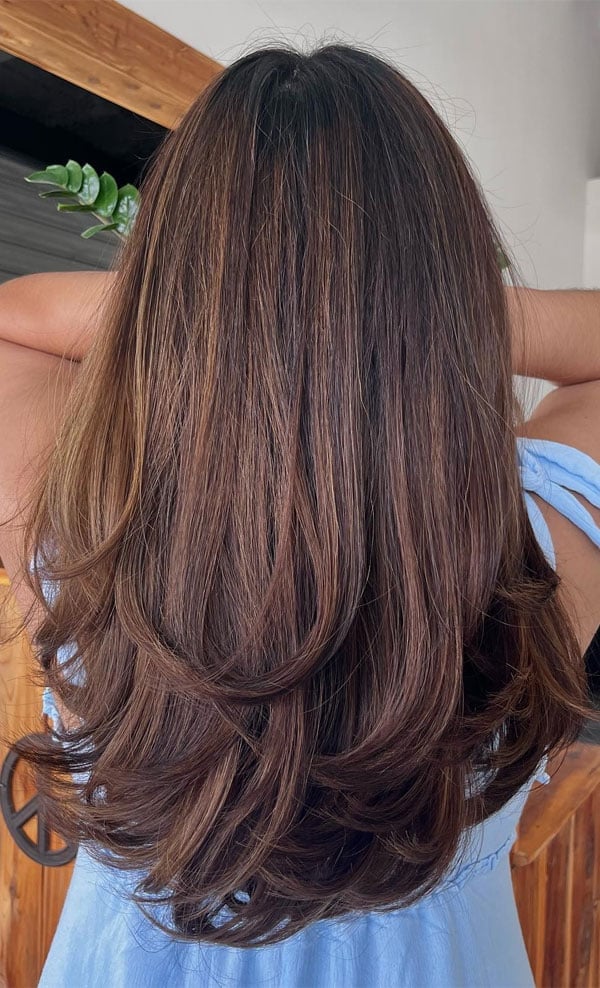 Dark Brown Highlighted Sculpted Layers Dark Brown Highlighted Sculpted Layers — Long Layers