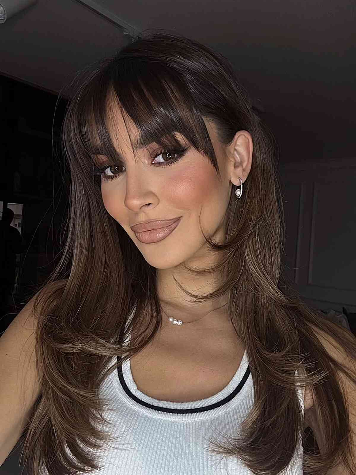 Collarbone Long Layers With Full Curtain Bangs Collarbone Long Layers With Full Curtain Bangs