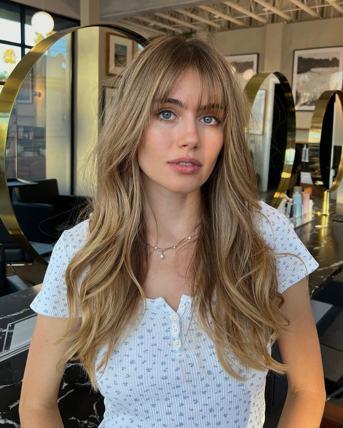 Honey Blonde Balayage Long Layers With Wispy Bangs Honey Blonde Balayage Long Layers With Wispy Bangs