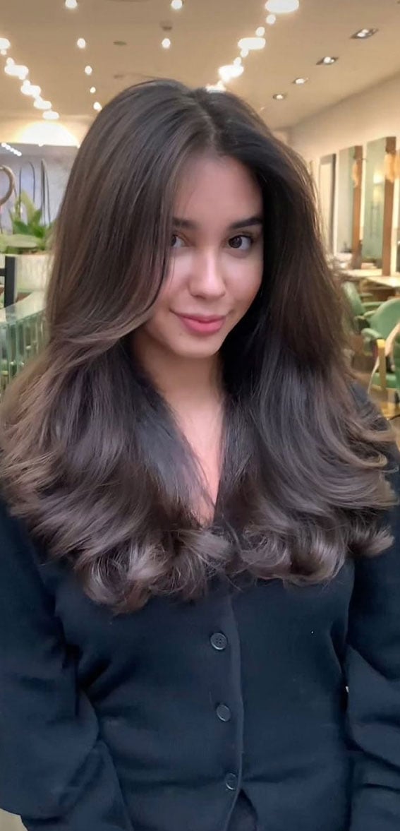 Dark Chocolate Brown Long Layers With Curtain Bangs, Mid-Back Dark Chocolate Brown Long Layers With Curtain Bangs, Mid-Back