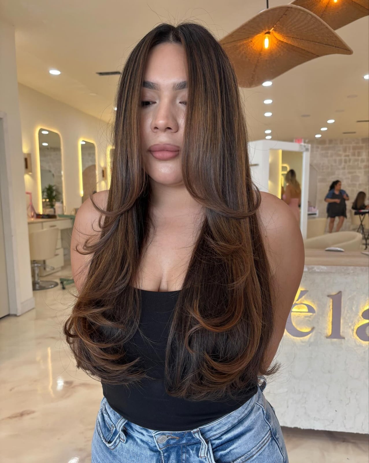 Brown Blonde Highlight Long Layers With Face-Framing, Close-Up Take Brown Blonde Highlight Long Layers With Face-Framing, Close-Up Take