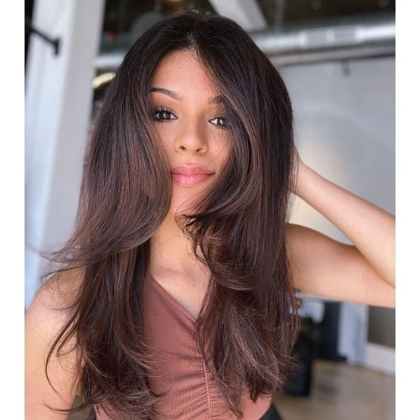 Dark Brown Subtle Highlight Voluminous Layers, Mid-Back Dark Brown Subtle Highlight Voluminous Layers, Mid-Back — Long Layers