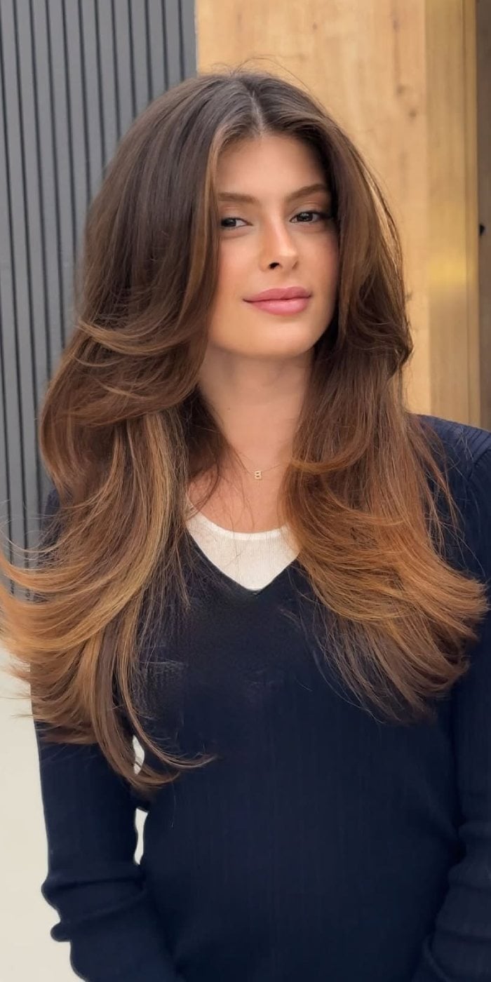 Caramel Brunette Long Layers With Curtain Bangs Caramel Brunette Long Layers With Curtain Bangs