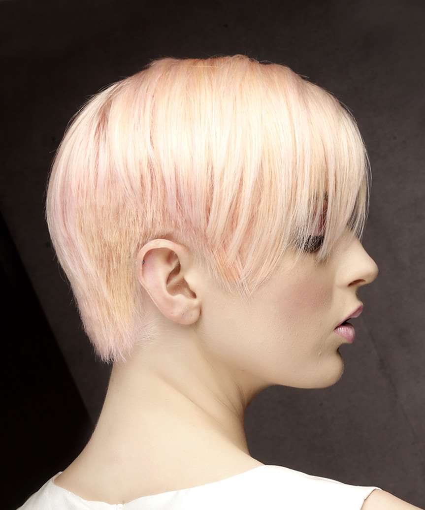 Light Pink Blonde Pixie With Smooth Side Bangs Light Pink Blonde Pixie With Smooth Side Bangs — Long Pixie