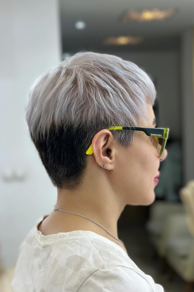 Two-Tone Blonde Pixie With Dark Nape Two-Tone Blonde Pixie With Dark Nape — Long Pixie
