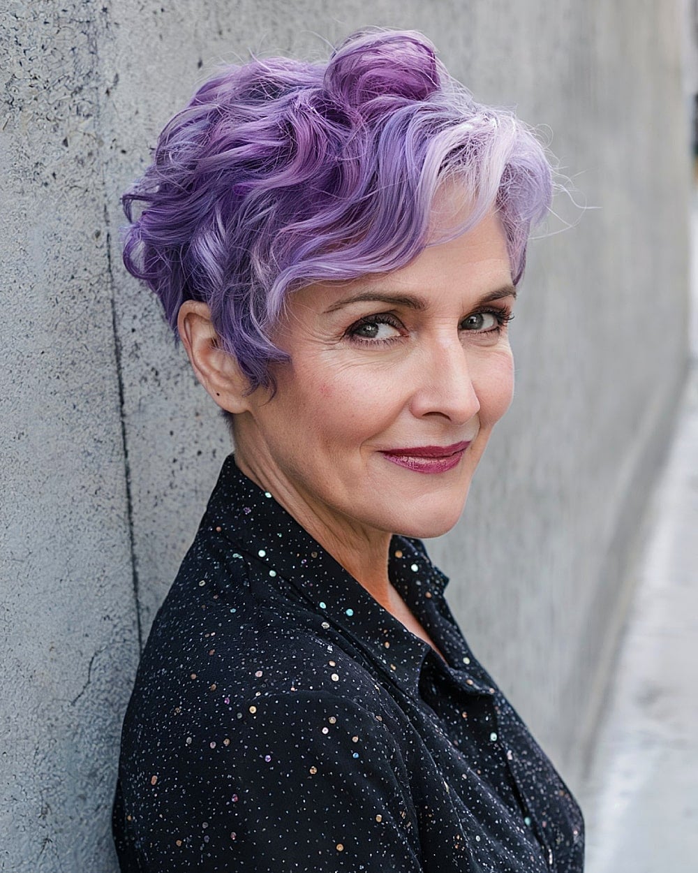 Multicolor Purple Pixie With Loose Curls Multicolor Purple Pixie With Loose Curls — Long Pixie