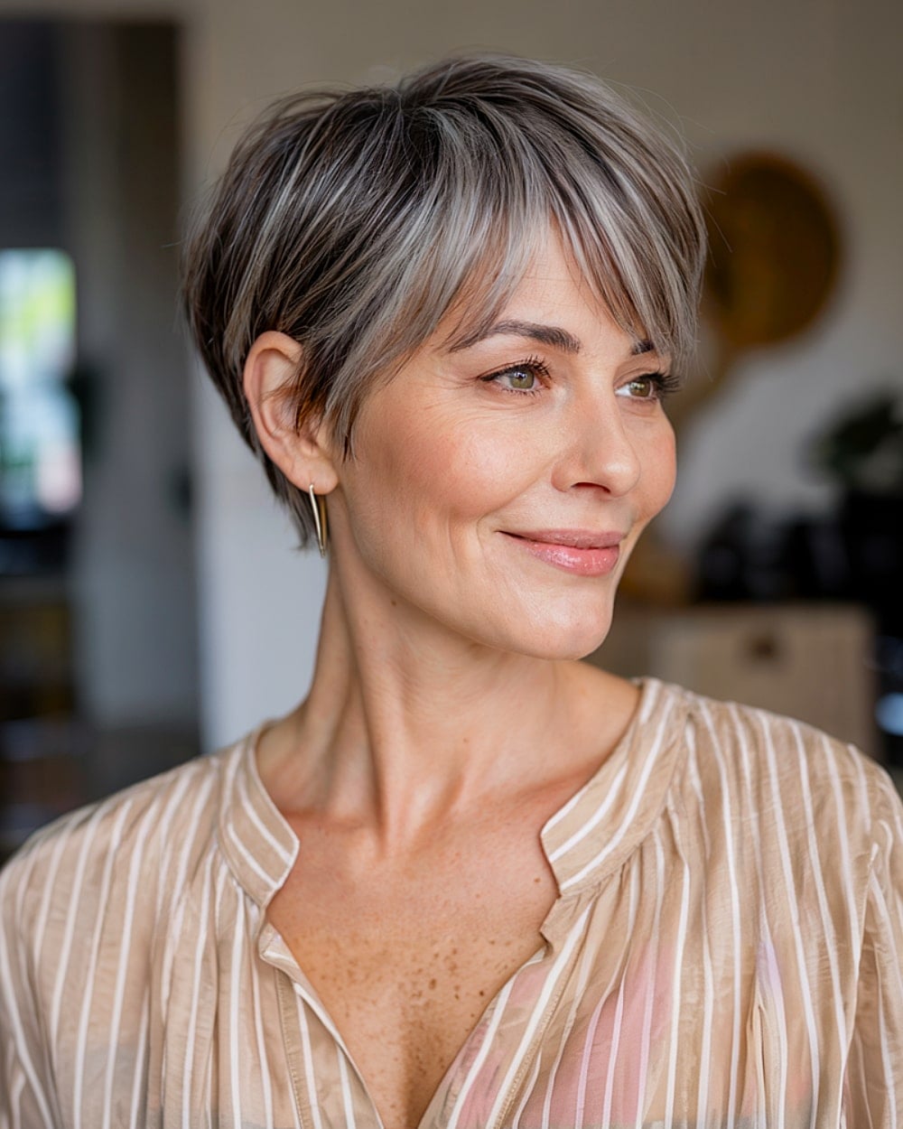 Gray Pixie With Dark Roots and Smooth Bangs Gray Pixie With Dark Roots and Smooth Bangs — Long Pixie