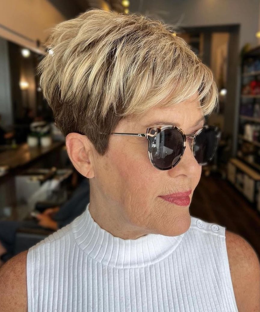 Layered Blonde Pixie With Dark Roots Layered Blonde Pixie With Dark Roots — Long Pixie
