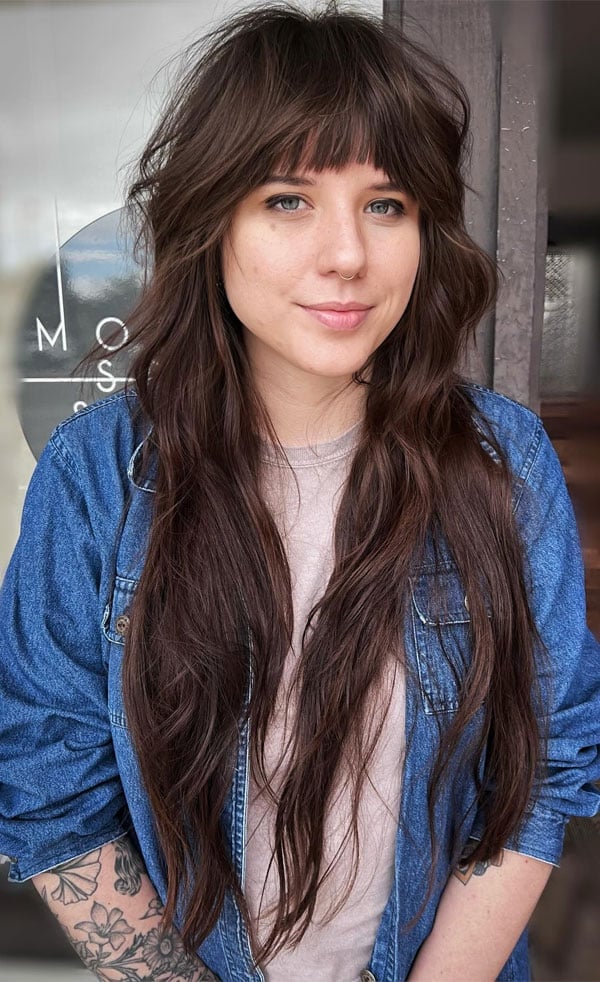 Mid-Back Brunette Shag With Textured Layers Mid-Back Brunette Shag With Textured Layers — Long Shag