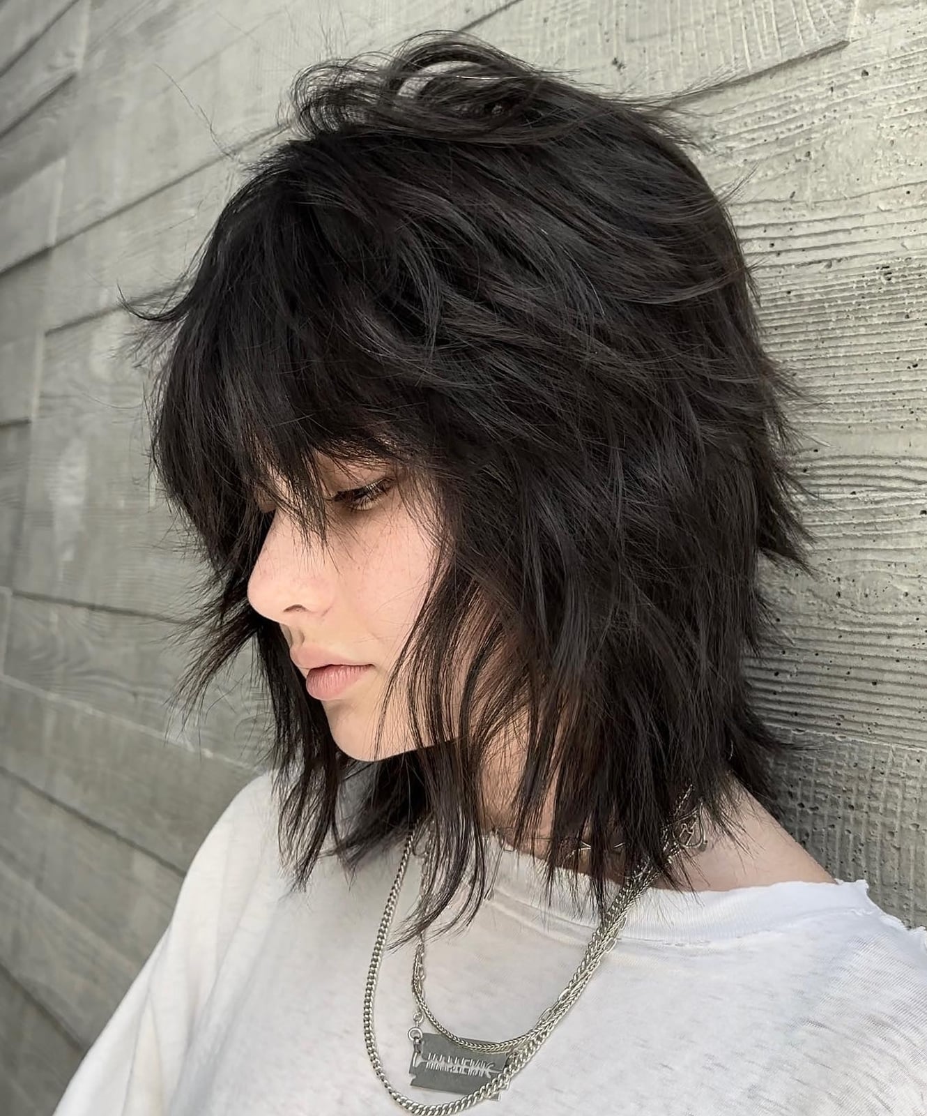 Collarbone Dark Brown Shag With Choppy Layers Collarbone Dark Brown Shag With Choppy Layers — Long Shag