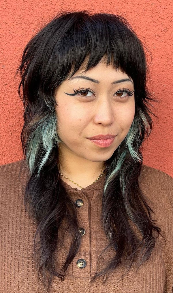 Mid-Back Shag With Mint Green Streaks Mid-Back Shag With Mint Green Streaks — Long Shag