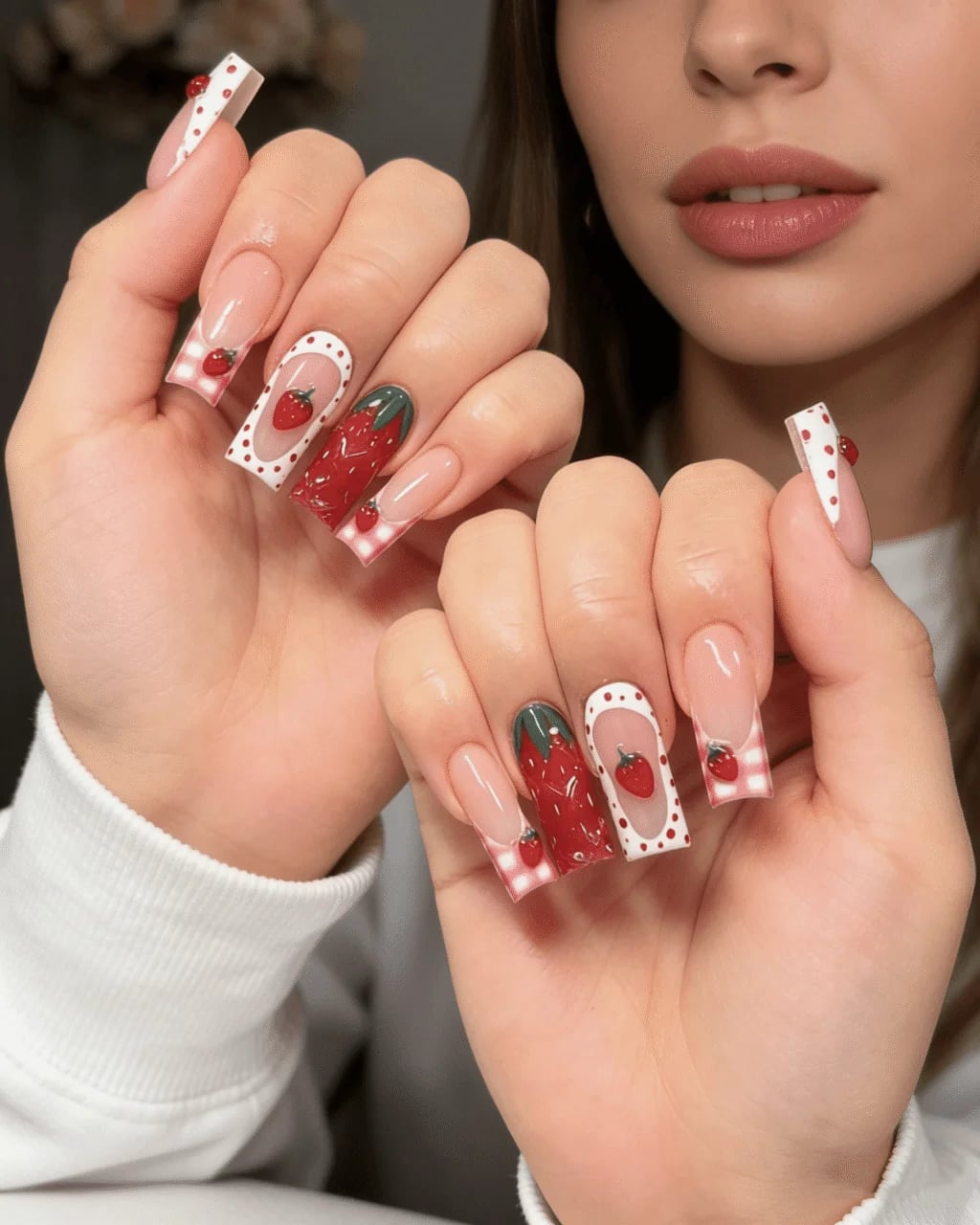 Strawberry Gingham French Long Square Strawberry Gingham French Long Square — Long Square Nails