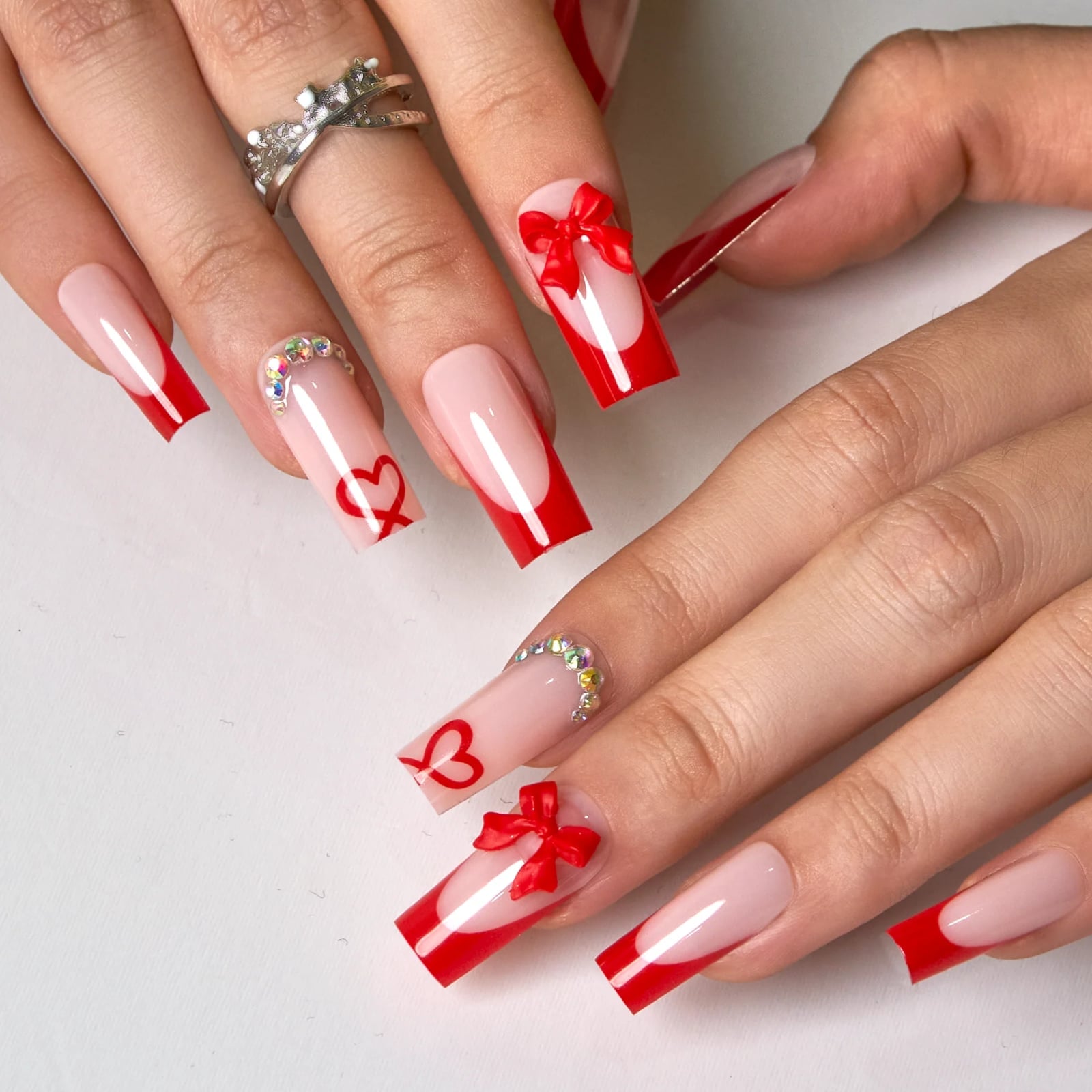 Red Bow Heart Rhinestone Long Square, Sheer Pink Base Red Bow Heart Rhinestone Long Square, Sheer Pink Base — Long Square Nails