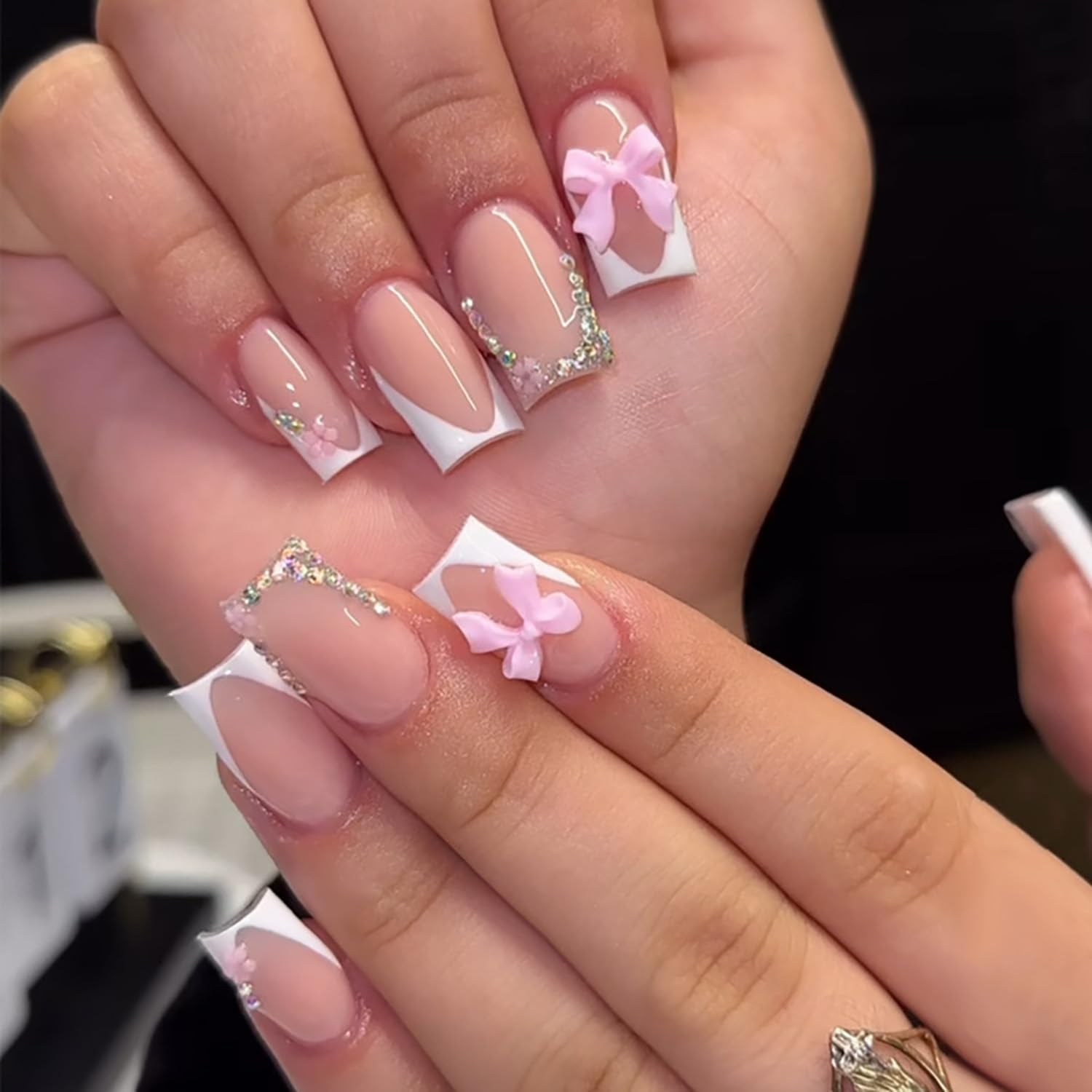 3D Bow Gem Long Square French 3D Bow Gem Long Square French — Long Square Nails