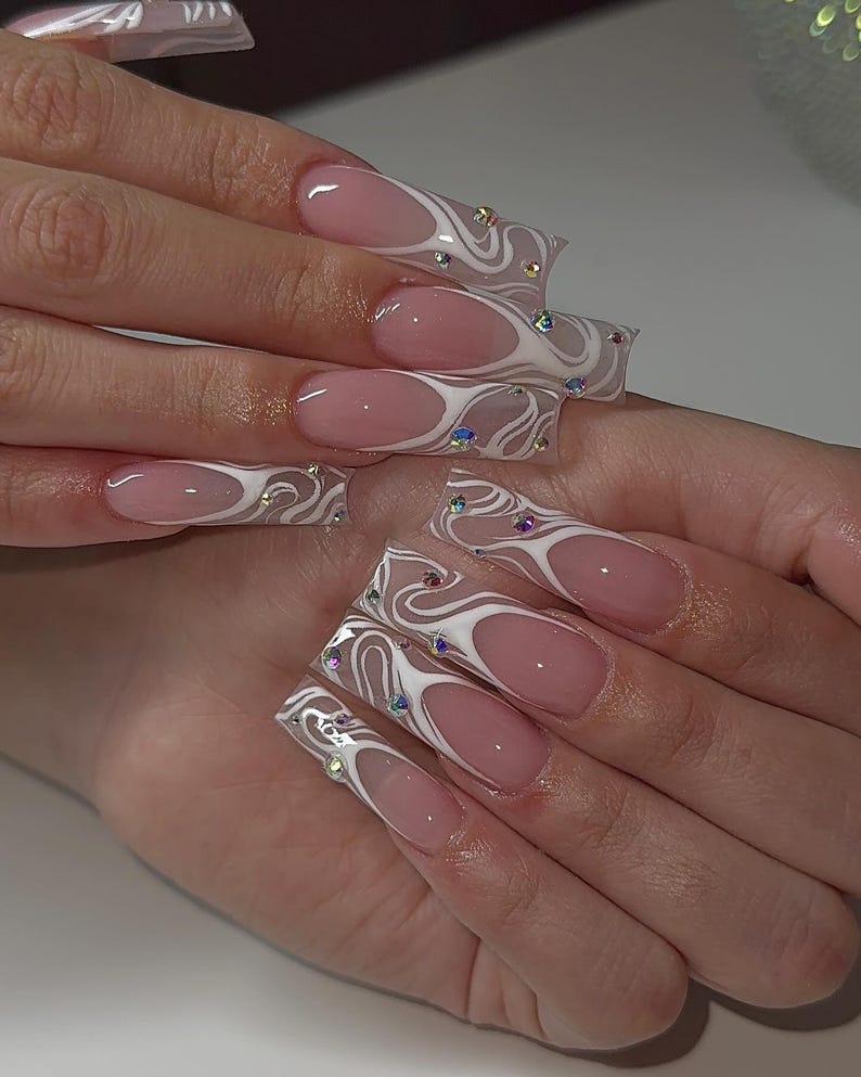 Abstract Swirl Rhinestone French Long Square Abstract Swirl Rhinestone French Long Square — Long Square Nails