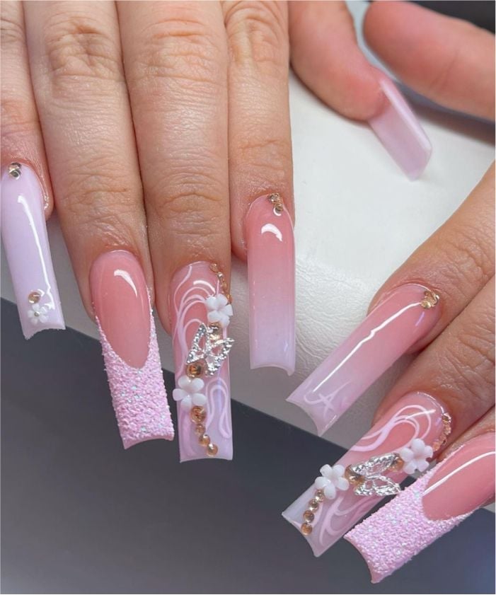 Pearlescent Pink White Gradient Floral Charm Long Square Pearlescent Pink White Gradient Floral Charm Long Square — Long Square Nails