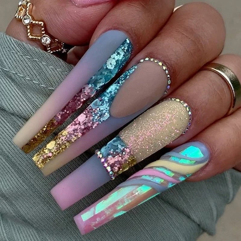 Matte Pastel Glitter Rhinestone Swirl Long Square Matte Pastel Glitter Rhinestone Swirl Long Square — Long Square Nails
