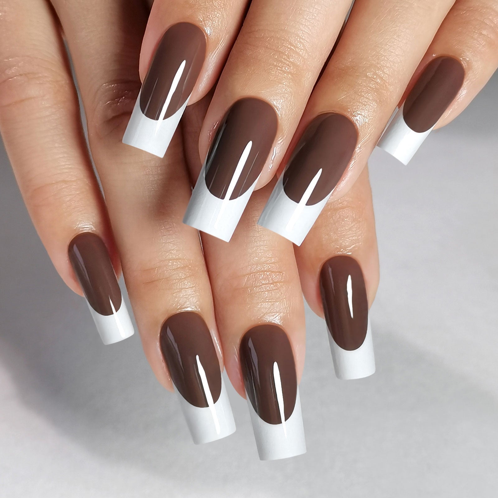 Glossy Brown and White French Long Square Glossy Brown and White French Long Square — Long Square Nails